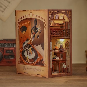 Book nook kit with touch light, Miniature bookcase, Bookshelf insert diorama, DIY handmade gift ideas (The Secret Rhythm)