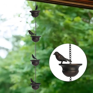 Bronze Decorative Bird Rain Chain, Mobile Metal, Rainwater Collector, Chain Replacement, Downspout, 8 Bird Cups for Gutter Roof