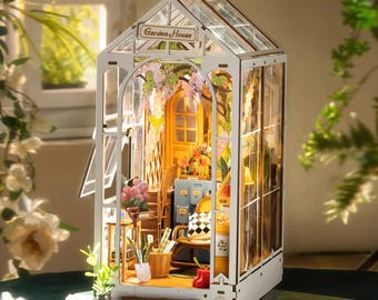 Kit para montar cantinho de leitura em forma de casinha de flores com luz LED, miniatura de estante, quebra-cabeça 3D de madeira, presente de Natal, suporte para livros Jardim Secreto, presente para a mãe