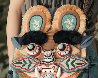 Tiger Head Crossbody Bag, Handmade Phone Bag, Chinese Streetwear Purse, Harajuku Inspired Shoulder Bag, Cute Monster Bag,Y2K Cotton Mini Bag