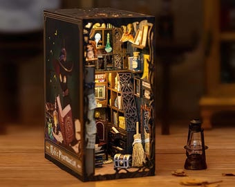 Bokhylla med magisk farmaceut och touch-lampa, miniatyrbokhylla, DIY-handgjord bokstöd, diorama för bokhyllinsats, presentidéer