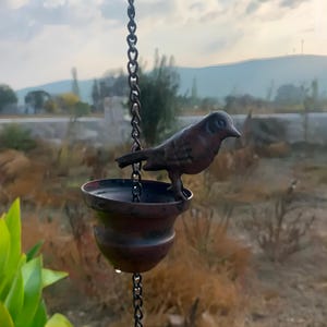 Bronze Decorative Bird Rain Chain, Mobile Metal, Rainwater Collector, Chain Replacement, Downspout, 8 Bird Cups for Gutter Roof
