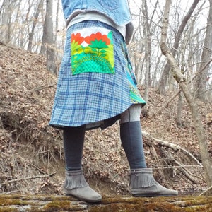 Handmade recycled denim and plaid corduroy fabric skirt funky vintage flower print pocket vintage fabrics asymmetrical hem drawstring waist