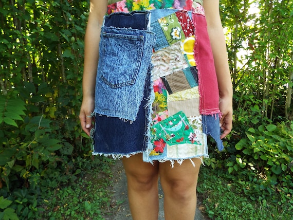 Buy Handmade Patchwork Recycled Denim Skirt Collage Pockets  