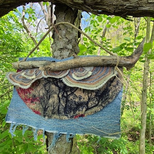 Turkey tail fungus mushroom recycled fabric fiber art wall hanging home decor denim forest handmade