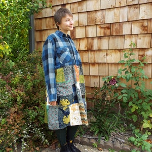 Handmade uPcycle vintage plaid flannel shirt dress recycle large pocket babydoll oversize pullover