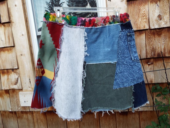 Buy Handmade Patchwork Recycled Denim Skirt Collage Pockets  