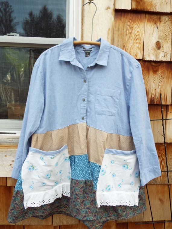 babydoll dress shirt Handmade Upcycle Recycle Patchwork Vintage Fabric Calico Babydoll Dress  Ruffles Shirt Blue Large Pockets
