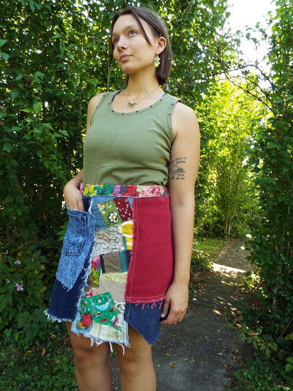 Buy Handmade Patchwork Recycled Denim Skirt Collage Pockets  