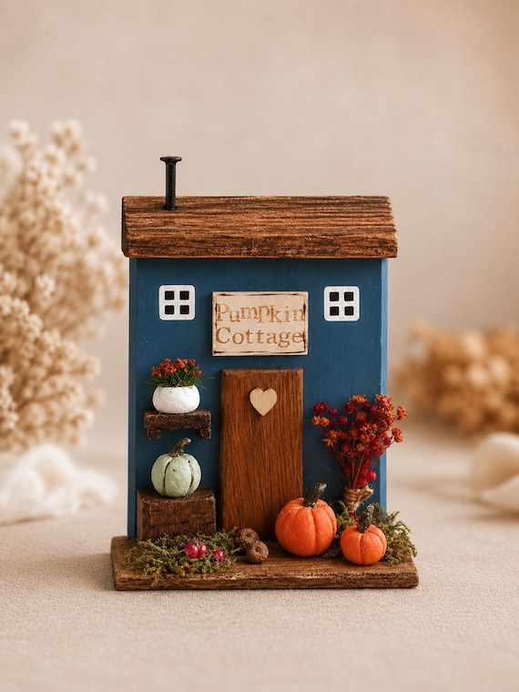 Holzhaus Deko, Herbstdeko aus Holz, Holzhäuser Deko, Kürbis Deko, Landhaus Deko, Cottagecore Deko, Pumpkin Cottage
