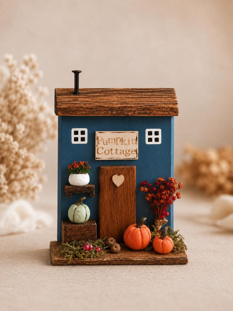 May include: A blue wooden decorative house ornament with a brown roof and a black nail chimney. It features a sign reading Pumpkin Cottage, a central door with a heart accent, two white windows, miniature pumpkins, and dried floral accents.