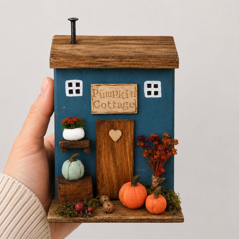 May include: A blue wooden miniature house with a brown roof and a black chimney. The front features a sign reading Pumpkin Cottage, a wooden door with a heart cutout, two white windows, a small potted plant, and orange pumpkins.