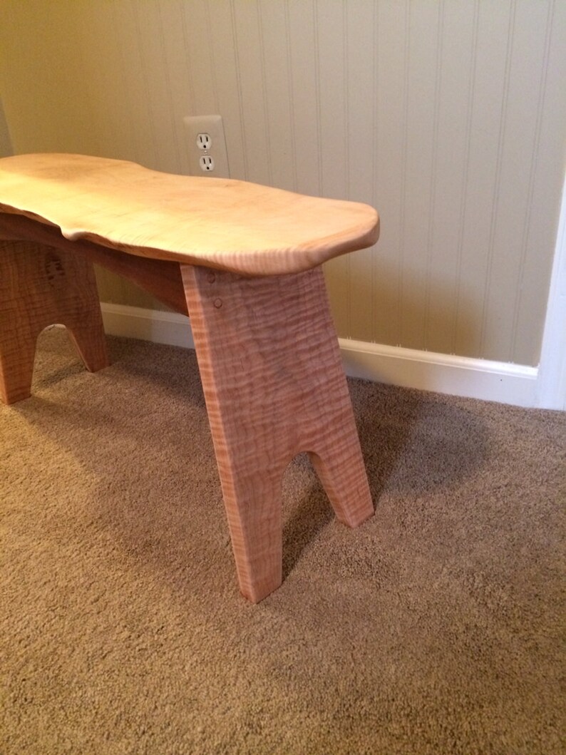 Hardwood curly maple live edge entryway bench, one of a kind, foyer, mud room, living room, rustic lodge, cabin, farmhouse style image 2