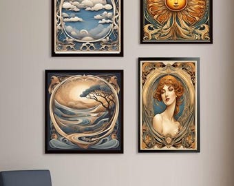 Puede incluir: Cuatro impresiones de arte enmarcadas con marcos dorados ornamentados. La impresión superior izquierda presenta un cielo azul con nubes blancas. La impresión superior derecha presenta un sol dorado con una cara humana. La impresión inferior izquierda presenta un paisaje con un río y un árbol. La impresión inferior derecha presenta un retrato de una mujer con cabello rojo.