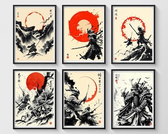 May include: Six black framed prints featuring Japanese calligraphy and black and white ink illustrations of samurai warriors with red moons in the background.