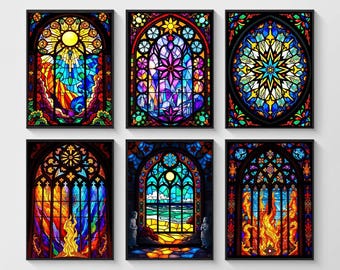May include: Six framed art prints depicting stained glass windows. Each print showcases a unique design with vibrant colours, including blues, yellows, reds, and purples. The designs feature scenes such as a sun, a star, and a seascape, all within ornate frames.