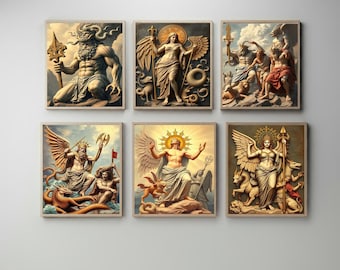 May include: Six framed paintings depicting various mythological figures. Each painting features a different figure, including a god with a trident, a goddess with wings, and a figure with a halo. The paintings are all in a similar style, with a realistic and detailed depiction of the figures.