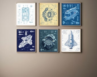 May include: Six framed blueprints of spaceships and other futuristic vehicles. The blueprints are in shades of blue and white on a white background. The frames are all the same size and are arranged in a grid pattern on a beige wall.