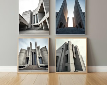 Brutalist Architecture Art Prints: Concrete Structure Illustrations (Digital Download)
