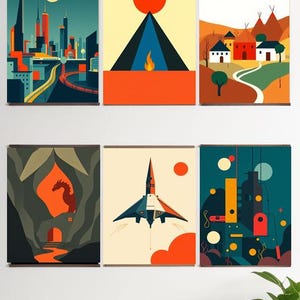 Könnte beinhalten: Sechs abstrakte Kunstdrucke mit verschiedenen Designs. Die Drucke zeigen eine Stadtlandschaft, eine Pyramide mit Feuer, ein Dorf, einen Drachen in einer Höhle, ein Raumschiff und ein Gebäude mit geometrischen Formen. Die Drucke sind alle im modernen Stil mit kräftigen Farben und einfachen Formen gehalten.