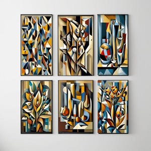 May include: Six framed abstract paintings with geometric shapes in shades of blue, yellow, brown, and red. The paintings are arranged in two rows of three.