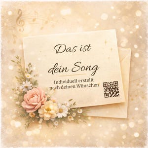 Könnte beinhalten: Eine beigefarbene Karte mit dem Text "Das ist dein Song" und floralen Akzenten. Die Karte hat einen QR-Code und wird von einem passenden Umschlag begleitet. Ein Bouquet aus rosa und weißen Blumen ziert die Ecke der Karte.