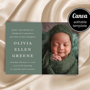 Baby Birth Announcement Template | Beautiful, Elegant, Green, Minimalist Design | 7x5 inches, One Page  | Easy to Edit in Canva