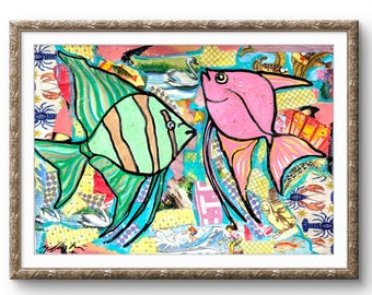 May include: A framed artwork featuring two stylized fish. One is pink, the other green with brown stripes. The background is a collage of colorful paper scraps, creating a vibrant and whimsical underwater scene.