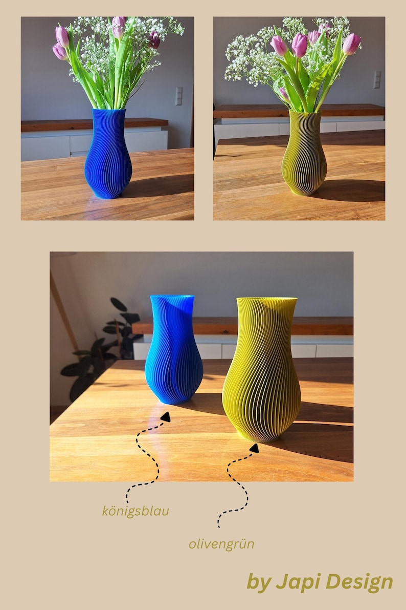 May include: Two 3D printed vases with a vertical ribbed texture, one in royal blue and one in olive green. The vases have a curved, tapered silhouette and are shown holding bouquets of pink tulips and white baby's breath flowers. Text reads by Japi Design.