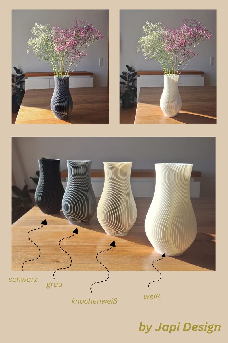 May include: A collection of four 3D-printed vases with a vertical ribbed, spiraling texture. The vases are available in black, gray, bone white, and white. Each vase features a narrow neck and a wider, rounded base, labeled as schwarz, grau, knochenwei&szlig;, and wei&szlig; by Japi Design.