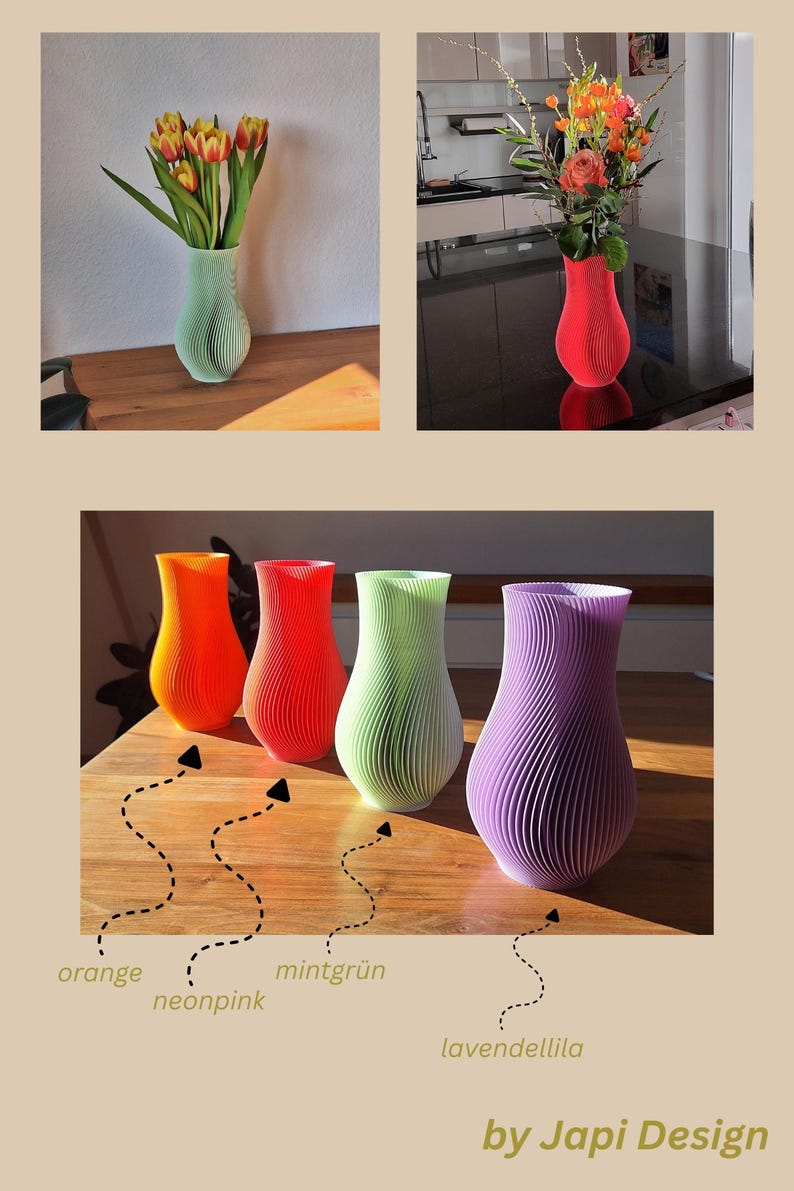 May include: A collection of four 3D-printed vases with a vertical ribbed texture and a curved silhouette. The vases are available in orange, neon pink, mint green, and lavender purple. The text 'by Japi Design' is visible at the bottom right.