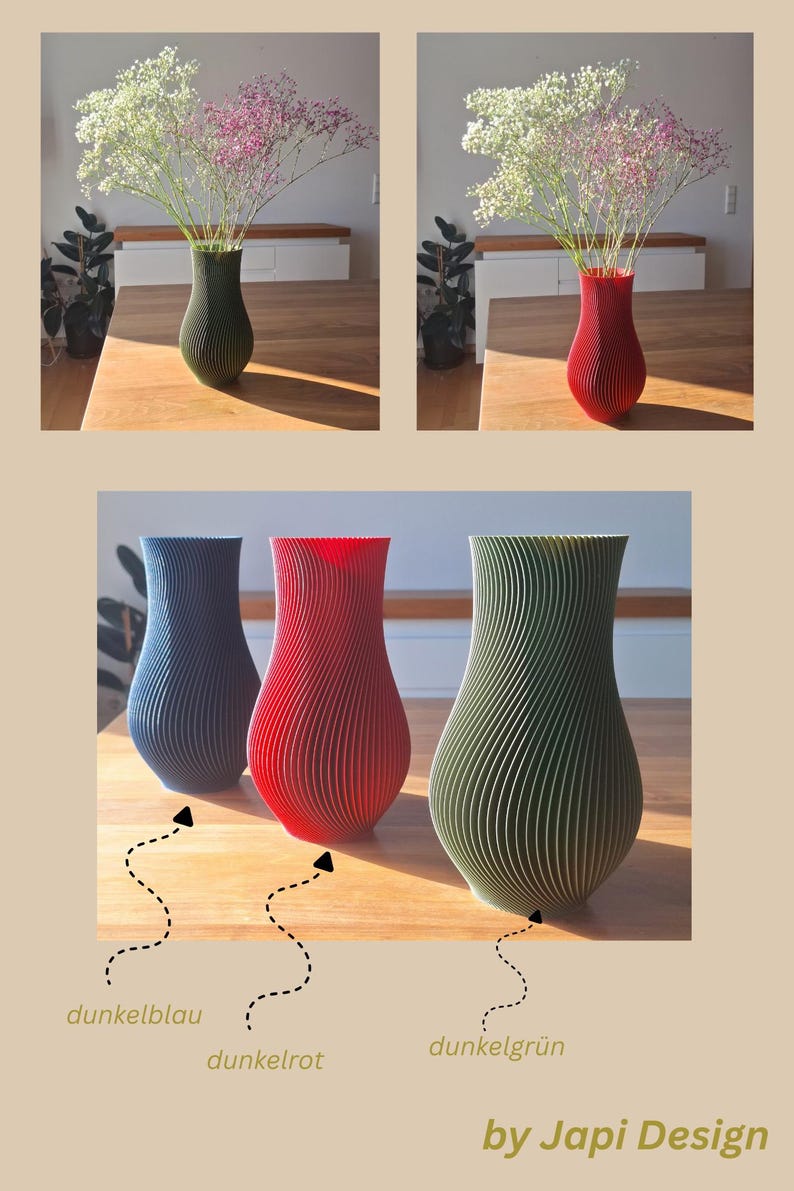 May include: Three vases with a vertical ribbed texture, available in dark blue, dark red, and dark green. The vases feature a tapered neck and a rounded body. The text "dunkelblau", "dunkelrot", "dunkelgr&uuml;n", and "by Japi Design" is visible.