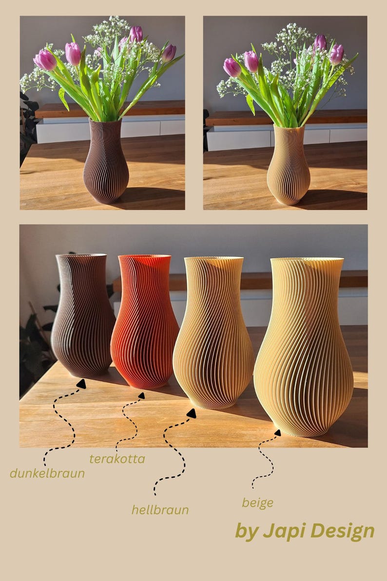 May include: A collection of four vases with a vertical ribbed, spiraling texture. The vases are available in dark brown, terracotta, light brown, and beige. The text "by Japi Design" is visible in the bottom right corner of the image.