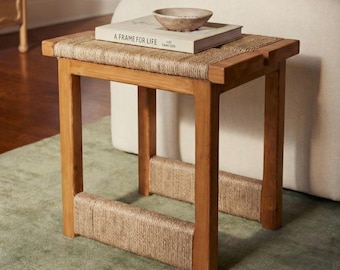 Mesa auxiliar de madera maciza con algas marinas, mesita de noche bohemia costera hecha a mano, mesa auxiliar de mimbre