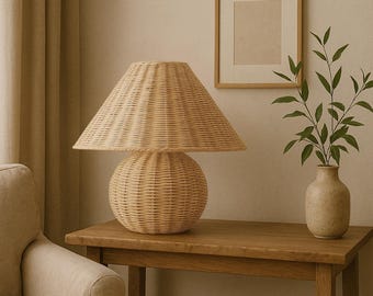 Natural Rattan Table Lamp 2 Colors Available Handmade Woven Lampshade Eco Friendly Bedside Light Boho Home Lighting Sustainable Desk Lamp