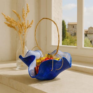 Handmade Parrish Blue Ceramic Basket with Rattan Handle | Sculptural Decorative Bowl | Rustic Bowl | Vintage Basket | Fruit or Towel Holder