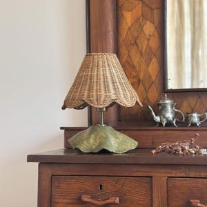 Handmade Table Lamp with Rattan Woven Shade & Ceramic Base | Boho Natural Lighting | Rustic Vintage Bedside Light