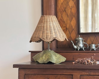 Handmade Table Lamp with Rattan Woven Shade & Ceramic Base | Boho Natural Lighting | Rustic Vintage Bedside Light