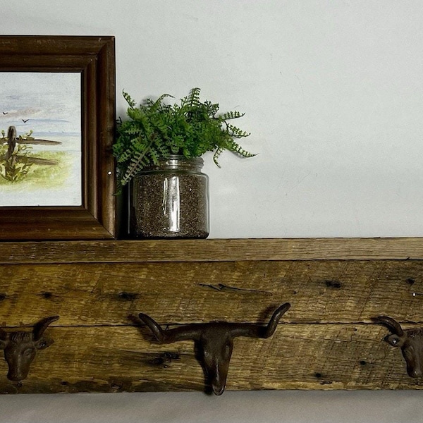 Rustic Reclaimed Barnwood Shelf Longhorn Cast Iron Hooks for Coat Robe hat Cabin ranch rustic decor