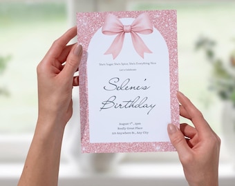 Editable Birthday Invitation for Her, Pink Glitter Design  (Digital Download)