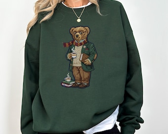Trendy Faux Patchwork Teddy Bear Sweatshirt, Preppy Hoodie, Cute Gift Comfy Winter Old Money Sweatshirt Trendy Teddy Bear Vintage Crewneck