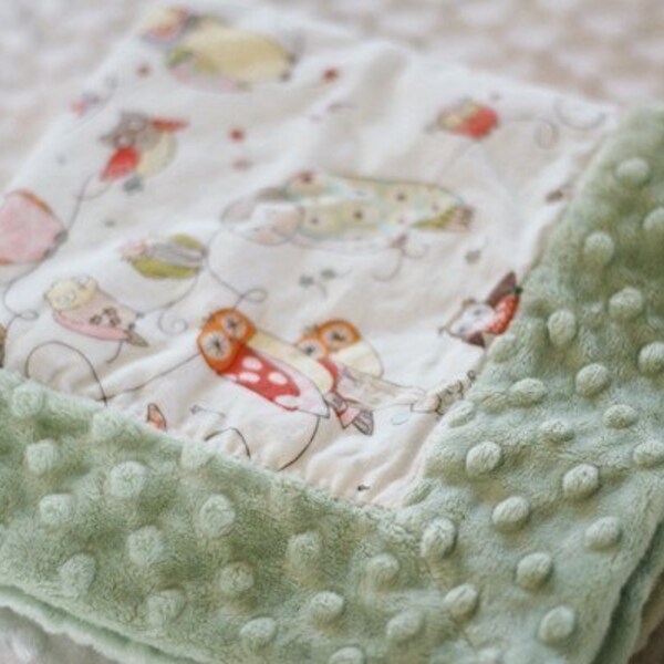 Minky Baby Blanket in Spotted Owl...... YOU CHOOSE MINKY COLOR AND SIZE.........Personalization Available