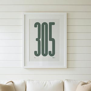 May include: A framed print featuring the number "305" in a bold, dark green font against a light background. The artwork is displayed on a white wall above a white sofa with beige pillows. The room is decorated with lamps and a wooden side table.