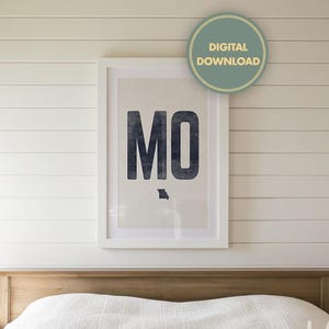 Descarga de póster del estado de Misuri, impresión estilo vintage de Misuri, arte mural de Misuri, tipografía estatal, ilustraciones con la abreviatura de Misuri, mapa xilográfico para decoración del hogar