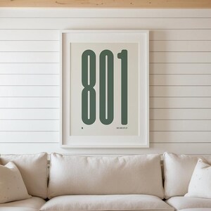 Póster con el código de área 801, arte de pared de Salt Lake City, Utah, impresión minimalista, póster de tipografía moderna, decoración para el hogar con el orgullo de la ciudad de Salt Lake City.