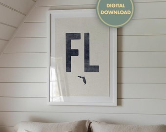 Florida State Poster, Distressed FL Abbreviation Print, Vintage Woodcut Florida Artwork, Florida State Digital Download, FL Outline Wall Art
