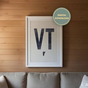 Téléchargement de l'affiche de l'État du Vermont, impression d'art vintage de la gravure sur bois du Vermont, impression du Vermont en détresse, décor des abréviations du Vermont, oeuvre de typographie de la carte de l'état