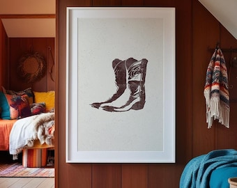 Poster stampato con stivali da cowboy, stampa di poster arrotolata, arte vintage da cowboy, decorazione murale del sud-ovest, decorazione rustica western, stampa fisica