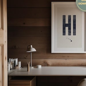 Descarga de póster del estado de Hawái, impresión con la abreviatura HI, arte de estilo xilográfico envejecido, descarga digital del contorno de Hawái, arte de pared de estilo vintage