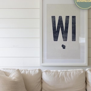 Impresión digital de Wisconsin, póster del estado de Wisconsin, arte mural de estilo vintage, obra de arte de Wisconsin envejecida, abreviatura de Wisconsin grabada en madera, descargar póster